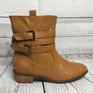 Brown Buckle Wood Heel Short Ankle Boot Booties